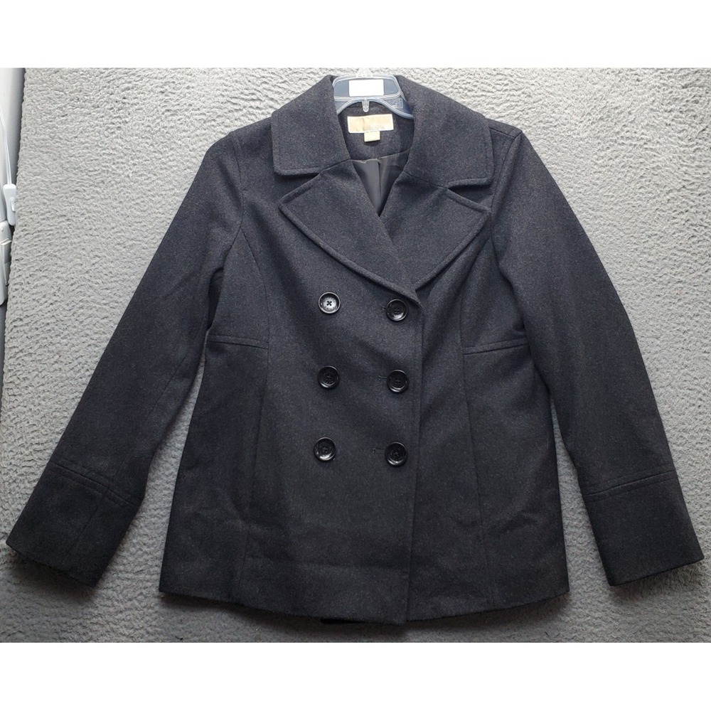 Michael Kors Peacoat Womens L Gray Wool Double-Breasted Notch Lapel Classic EUC